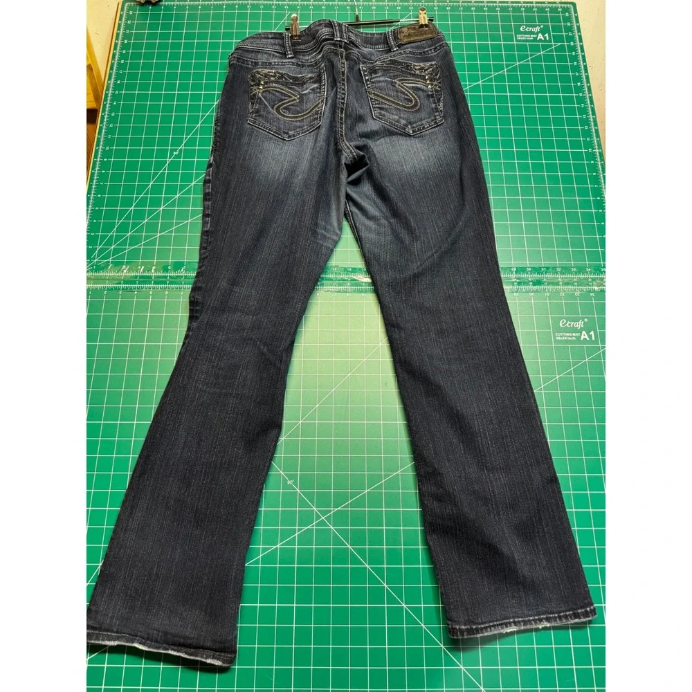 Silver Jeans Co Suki Mid Rise Bootcut Dark Wash Studded Embroidered SZ 14 L 33